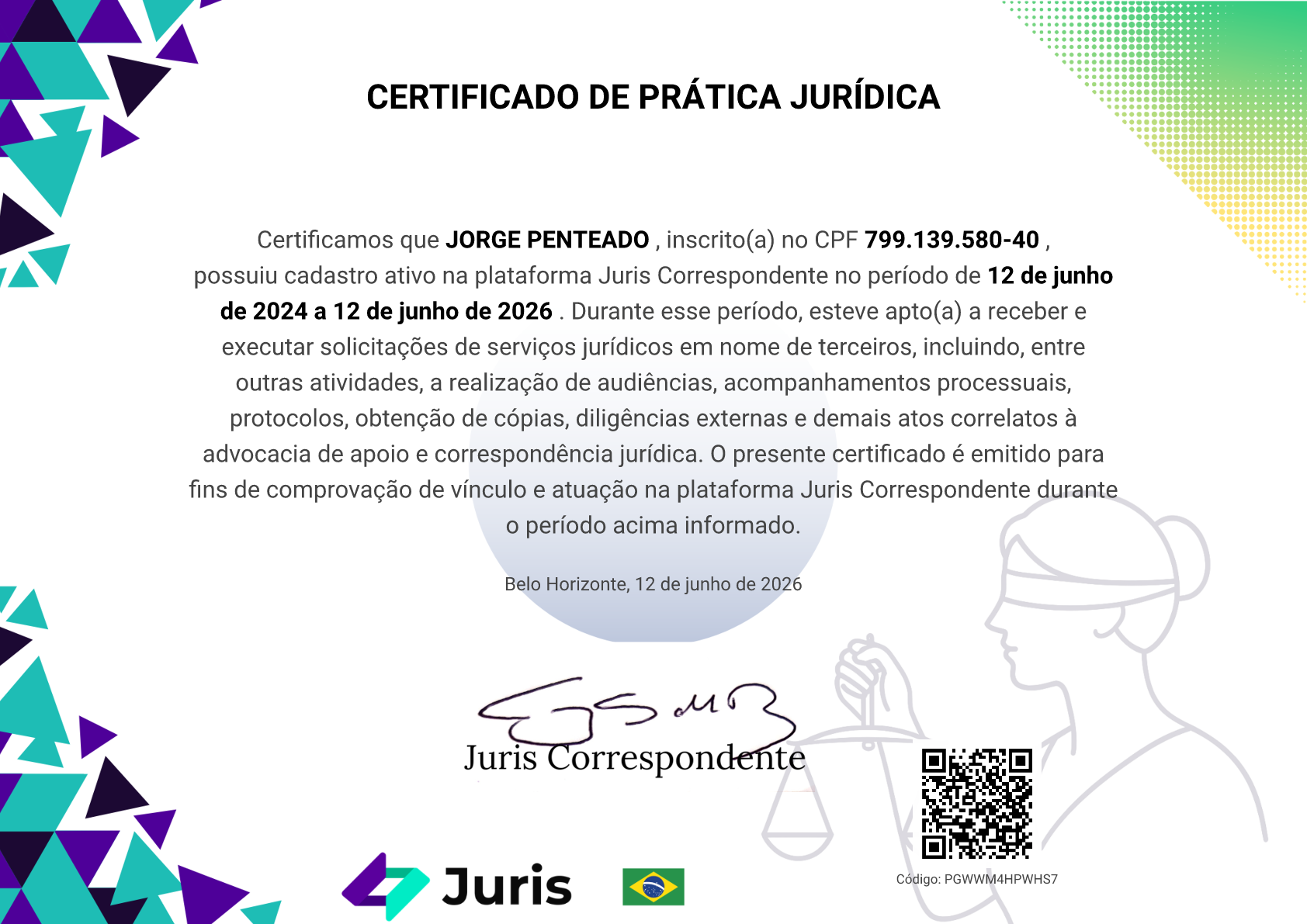 Modelo de Certificado de Prática Jurídica Juris Correspondente
